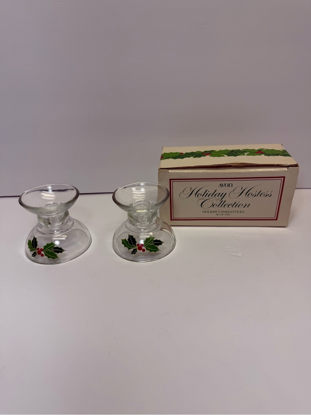 Vintage 1981 Avon Christmas Holly Holiday Hostess Collection Candlestick Set 2